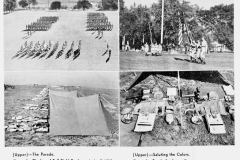 Images of soldiers on parade, saluting the colors, pitched tents, and equipment carried by soldiers.