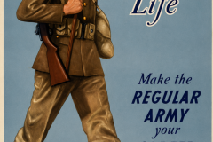 Army recruiting brochure featuring the painted image of a smiling soldier marching with his rifle slung over his shoulder.